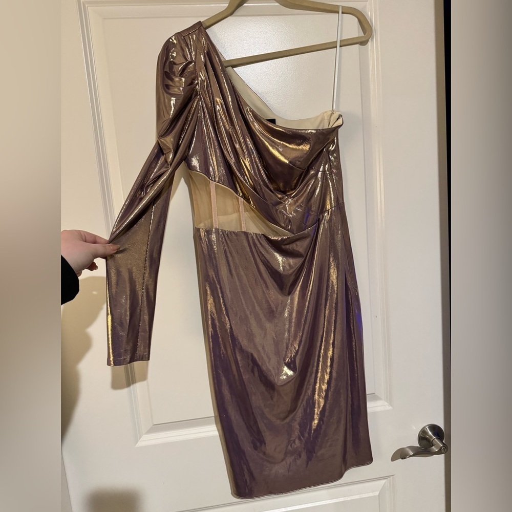 Marchesa Notte One Sleeve Lame Dress Purple Gold Metallic Size 6 Corset EUC - Picture 3 of 8
